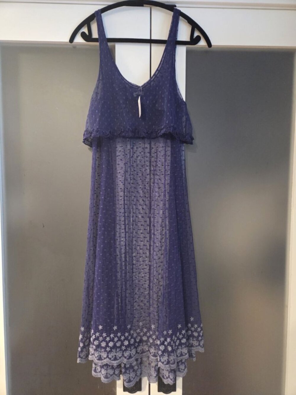 NWT Intimately Free People Lace Midi Slip Dress Navy Swiss Dot High-Low Boho S